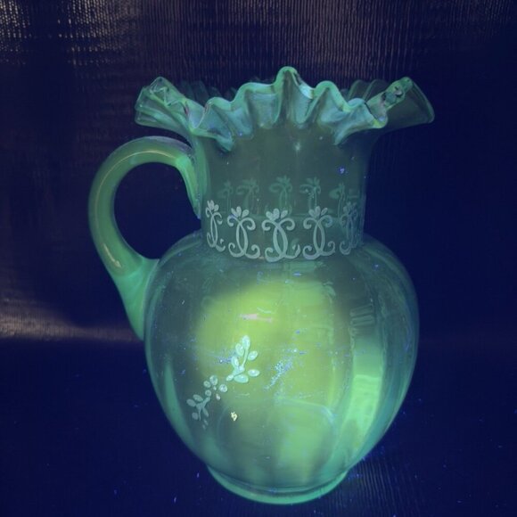 Antique Victorian Glass Pitcher Blue Enameled Crimped Rim Manganese 365nm Glow - Picture 2 of 16